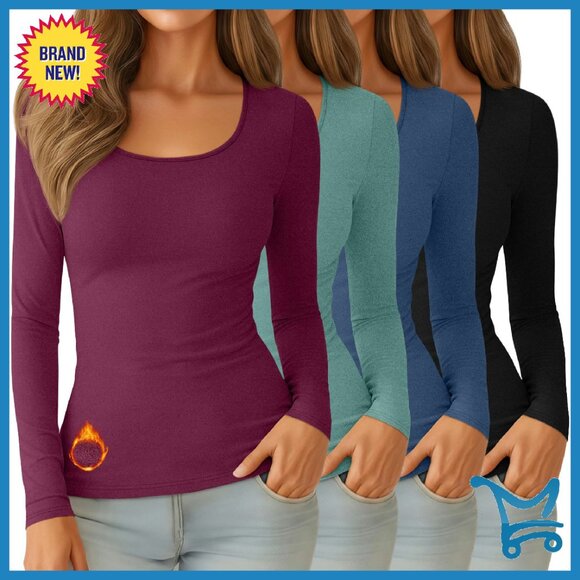 Women's Thermal Fleece Lined Long Sleeve Base Layer Top 4-Pack Fitted